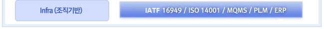 Infra(조직기반) : IATF 16949 / ISO 14001 / MQMS / PLM / ERP
